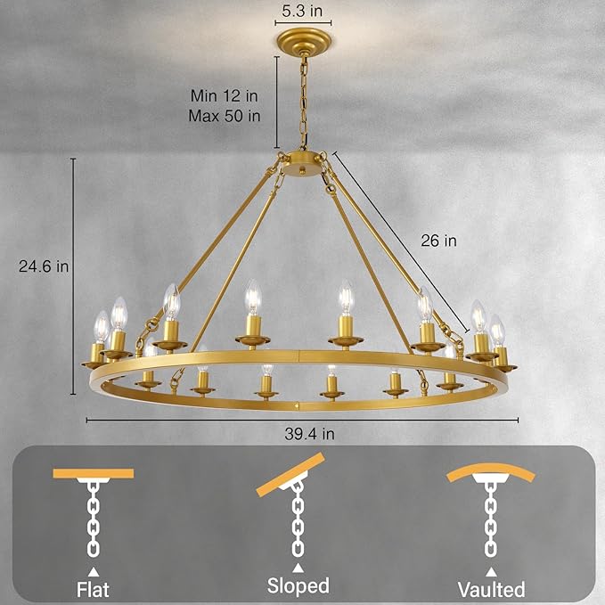 Wagon Wheel Chandelier, 16-Light Gold Modern Rustic Large Farmhouse Chandelier Adjustable Height Light for Ceiling Living Room, Entryways, Foyer, Dining Room, Kitchen