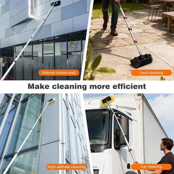 12FT Car Wash Brush with Long Handle, Car Cleaning Brush with 12" Soft Bristle and 12" Hard Bristle, 3-12Ft Telescopic Pole for Scratch-Free Cleaning Truck,RV, Boats,House Siding,Floors,Solar Panels