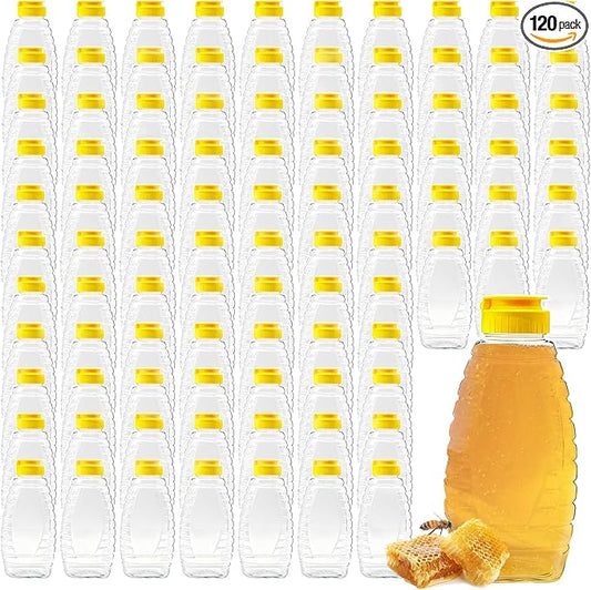 120 Pack 16oz Clear Food Grade Plastic Honey Bottles, Refillable Squeeze Honey Jars with Flip-Top Lids, Leakproof Honey Dispenser Containers for Storing and Dispensing