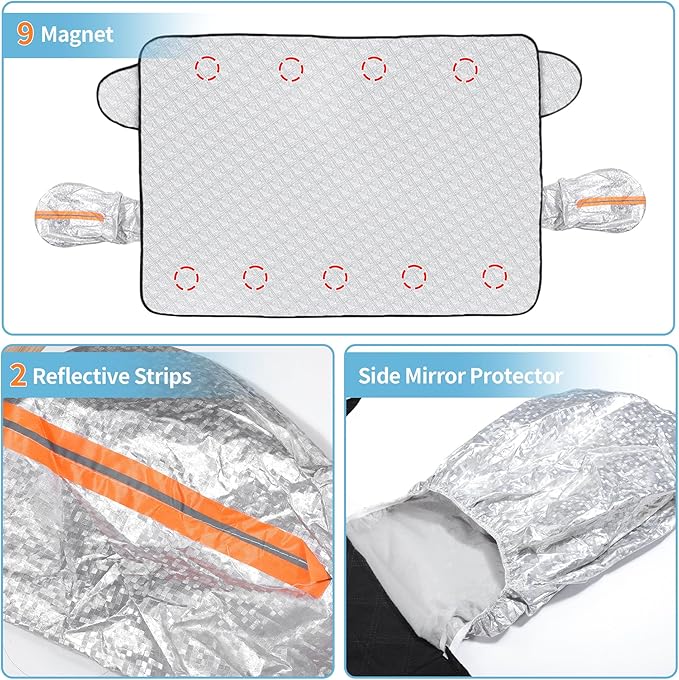 Car Windshield Snow Cover 4-Layer Protection for Snow Ice Frost Sunlight Large Magnetic Car Windshield Cover with Side Mirror Protector for Large Cars SUV Truck Van (63" x 46")