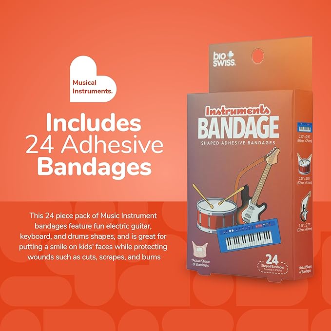 BioSwiss Kids Bandages, Musical Instruments Shaped Self Adhesive Bandage Set, Latex Free, Sterile Wound Care, 24 Count