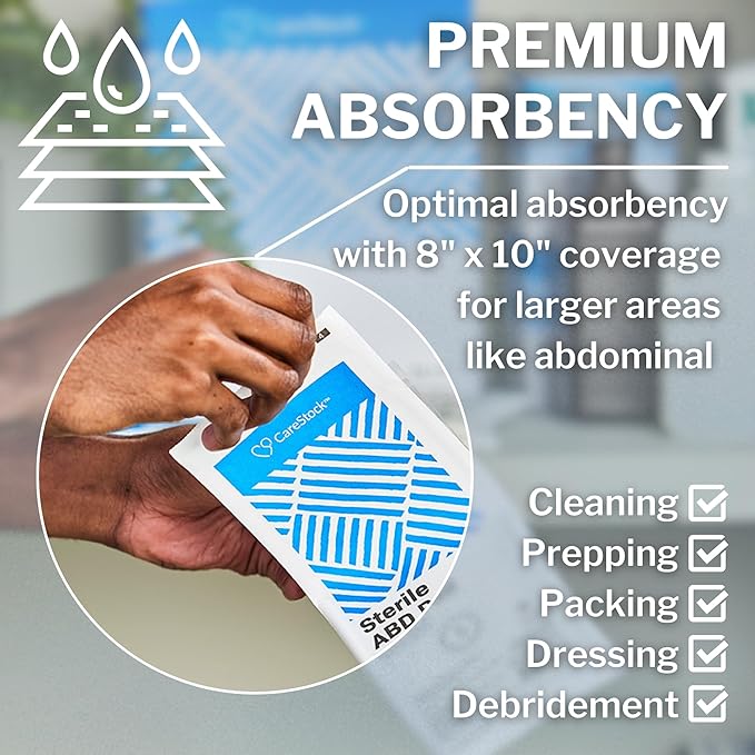 CareStock Abdominal Pad - Highly Absorbent Nonwoven Cellulose ABD Pads, Wound Care First Aid - Individually Packed, Sterile - 8 in. x 10 in., 24 Count, 1 Pack†, White