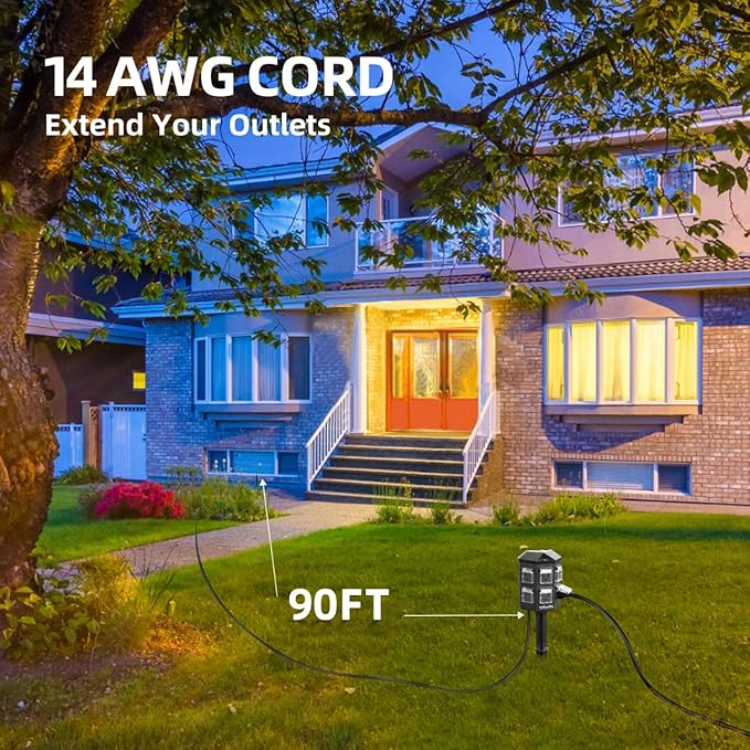 TiFFCOFiO Outdoor Power Strip Weatherproof, 90 FT Extension Cord with Stake, 6 Grounded Weatherproof Outlets for Yard Decorations, 15A/1875W, ETL Listed