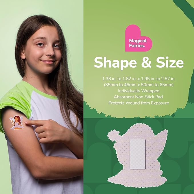 BioSwiss Kids Bandages, Magical Fairies Shaped Self Adhesive Bandage Set, Latex Free, Sterile Wound Care, 24 Count