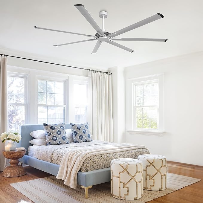 Industrial Ceiling Fans with Remote Control, 100 Inch Large DC Motor Ceiling Fans without Lights for Living Room Shop Garage Bedroom Indoor Outdoor, 6-Speed, Reversible 7 Aluminum Blades, Timer