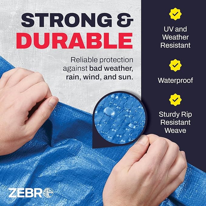 10' x 10' Blue Tarp with Grommets Reinforced - 5 Mil Thick - Durable UV Resistant Plastic Tarps Waterproof - Large Tarpaulin Cover for Outdoor Camping Over/Under Tent Tarp RV Roof Rain - Zebro