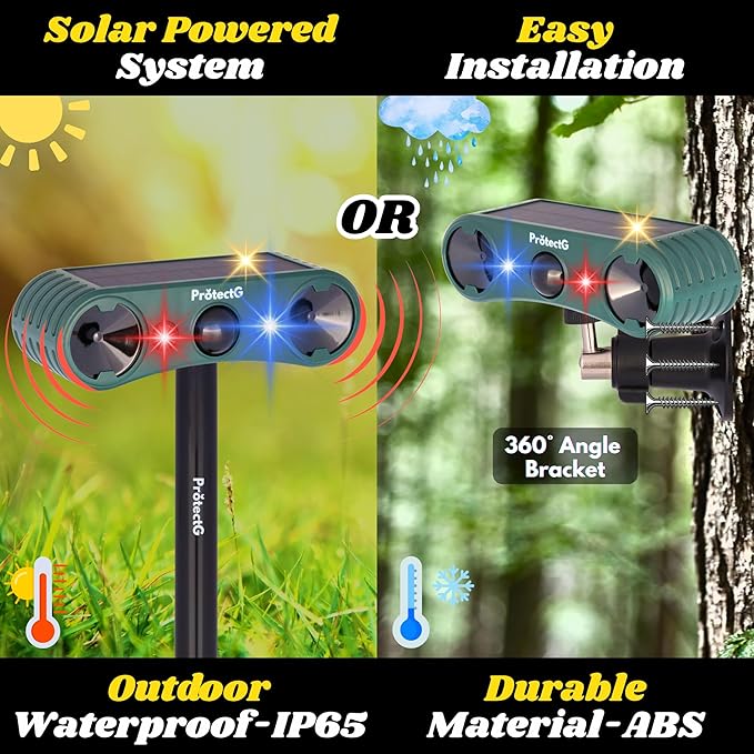 4 Pack Solar Ultrasonic Animal Repellent Outdoor - Maximum Coverage Motion Activate System - Heavy-Duty Waterproof Defense for Coyote, Rat, Wild Dog, Bird, Cat, Deer Repeller, Large Areas