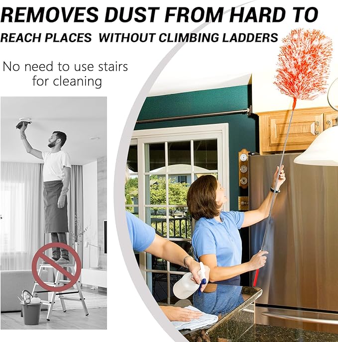 20-49inches Extendable Microfiber Feather Duster with 10pcs Replaceable Heads, Extra Long Bendable Duster for Cleaning, Electrostatic Dust Remove for Furniture, Ceiling, Window,etc (Orange)