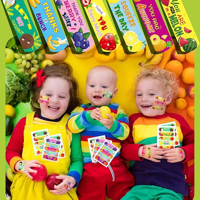 Patelai 300 Pieces Kids Bandages Bulk 10 Styles Children's Adhesive Flexible Colorful Cute Cartoon Bandages Waterproof Breathable Stickers Protection Care Cuts for Girls Boys(Fruit)