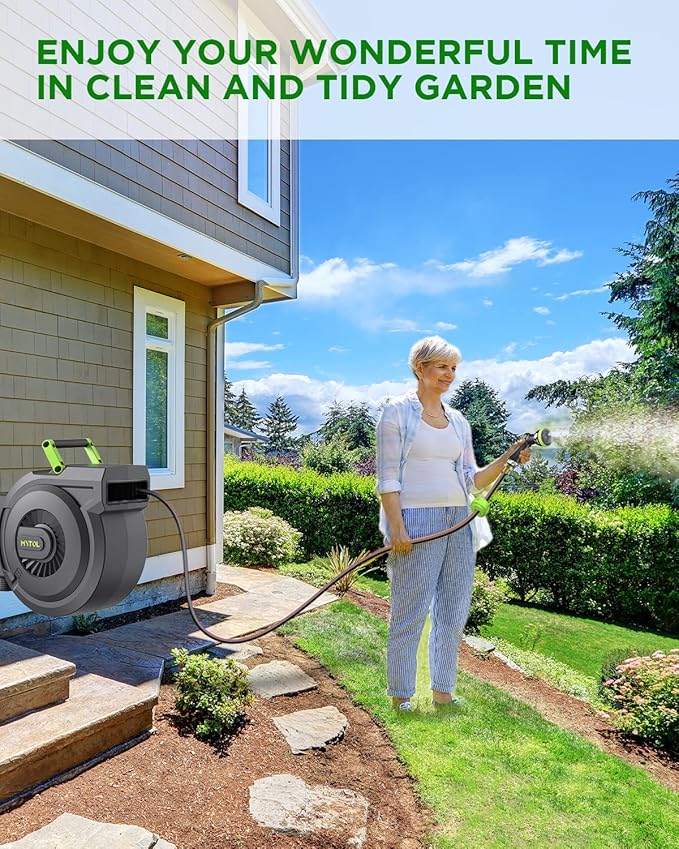 Retractable Garden Hose Reel, 1/2 Inch x 100 ft + 6 ft Wall Mount Hose Reel with Automatic Slow Rewind System, Any Length Lock, 10 Patterns Hose Nozzle, 180°Swivel Bracket, for Garden Watering