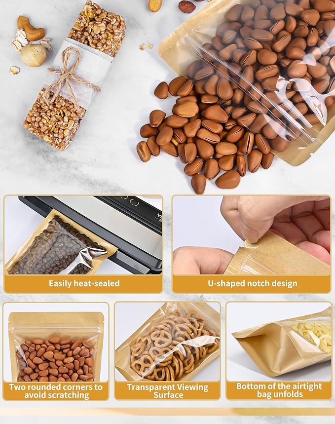 FireKylin 100 PCS Stand Up Pouches,3.9" x 5.9" Paper Bags With Window Clear Front Pouches Resealable Zipper Food Storage Brown
