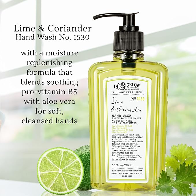 C.O. Bigelow Lime Coriander Hand Wash, Village Perfumer Liquid Hand Soap with Aloe Vera & B5, 10 Fl Oz