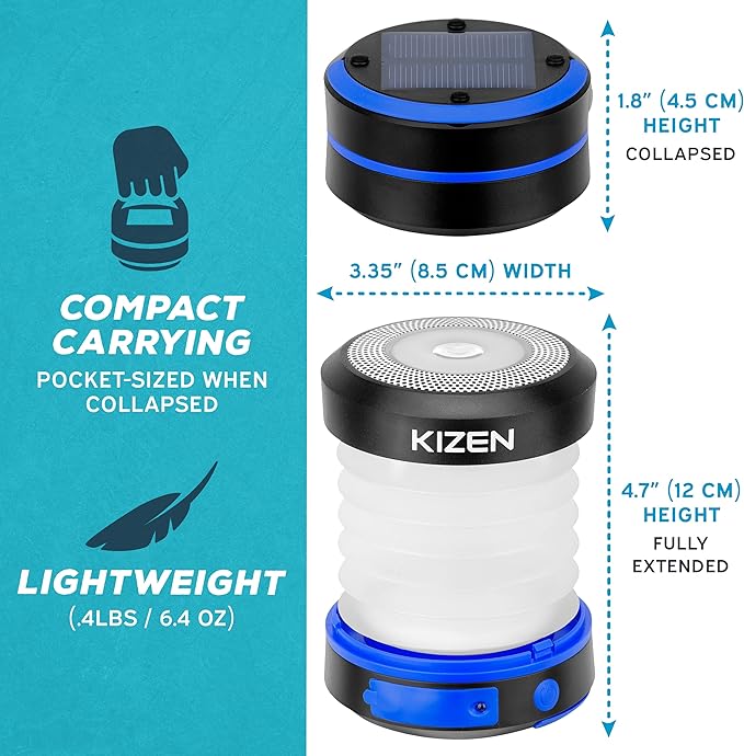 Kizen Outdoor Solar Lantern - Solar or Plug Rechargeable Lantern - Collapsible LED Light for Power Outages - Camping Essential Lamp for Tent Light, Hanging, or Flashlight