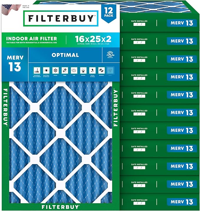 Filterbuy 16x25x2 Air Filter MERV 13 Optimal Smoke & Allergy Defense (12-Pack), Electrostatic Pleated HVAC AC Furnace Filters Replacement, Made in USA (Actual Size: 15.50 x 24.50 x 1.75)