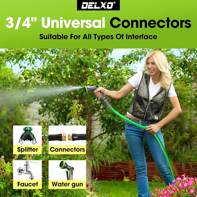 Delxo Garden Hose without Nozzle, 3/4 in. x 100 FT Non-Expanding Water Hose with Aluminum Alloy Interface, Heavy Duty Manguera Para Jardin, Water Pipe, Easy to Use for Gardening, Car Washing & Storage