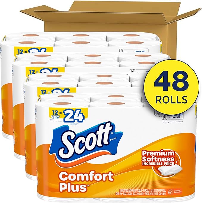 Scott ComfortPlus Toilet Paper, 48 Double Rolls, 231 Sheets per Roll, Septic-Safe, 1-Ply Toilet Tissue