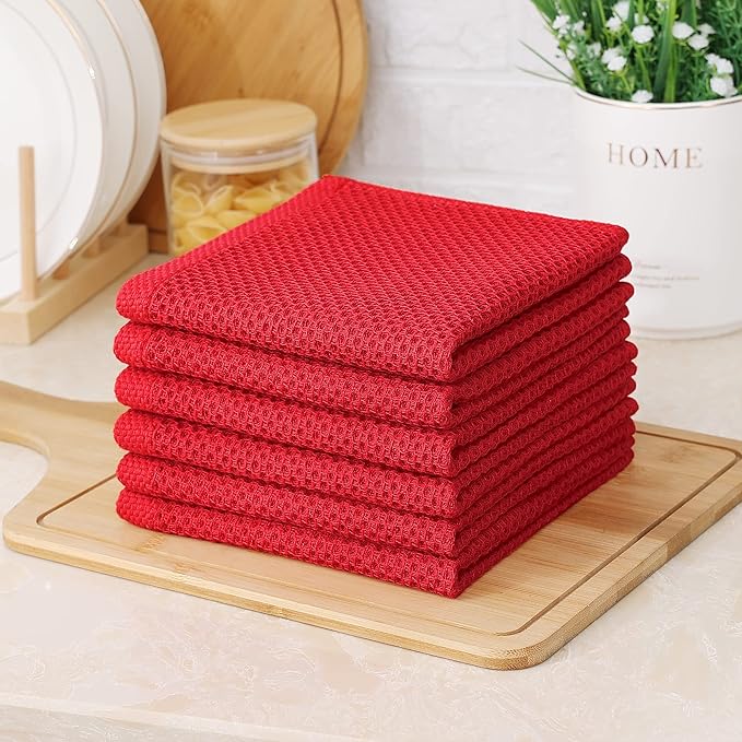 Kitinjoy 100% Cotton Kitchen Dish Cloths, 6 Pack Waffle Weave Ultra Soft Absorbent Dish Towels for Drying Dishes Quick Drying Kitchen Towels Dish Rags, 12 X 12 Inches, Red