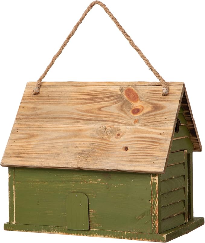 Glitzhome 14.25”L Wood Hanging Birdhouse for Outdoors Oversized Distressed Cottage Bird House Rustic Painted Bird House for Bluebird Wren Chickadee Sparrow Bird Nest Box for Garden Patio, Green