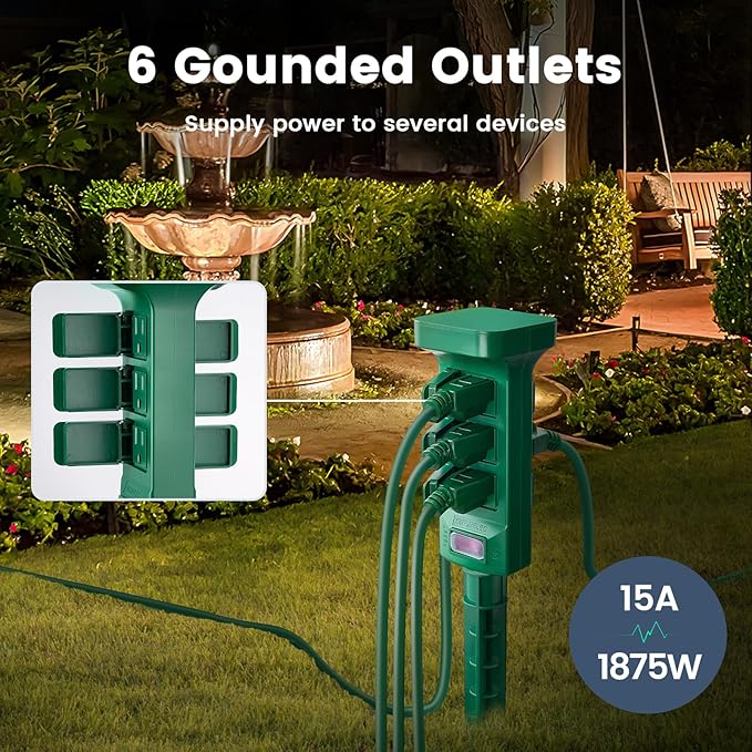 SURAIELEC Outdoor Power Stake Waterproof, 6 Grounded Outlets Power Strip Weatherproof, 25FT Extension Cord Outlet for Yard, Garden, Christmas Light, Patio Lights, 1875W/15A, Green