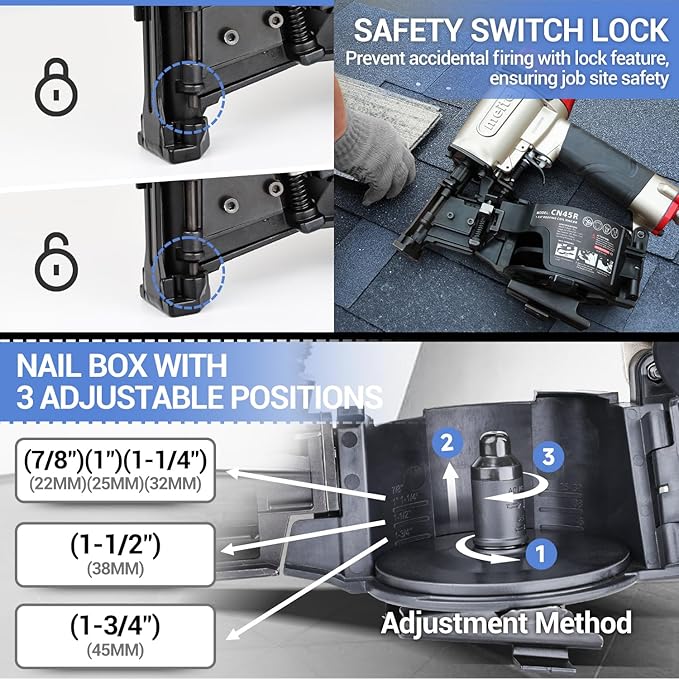 meite CN45R Roofing Nailer 15 Degree Professional Heavy Duty Pneumatic Coil Roofing Nail Gun, Tool-free Depth Dial & Dual Firing Modes for Asphalt Shingles Fencing, Accepts 7/8" to 1-3/4" Coil Nails