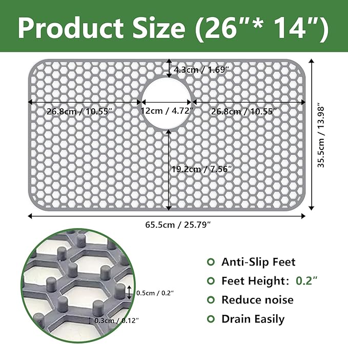 Silicone Sink Protectors for Kitchen Sink, 26"x14" kitchen Sink Mat Non-Slip Heat Resistant for Protection of Stainless Steel Sink and Tableware (Grey)