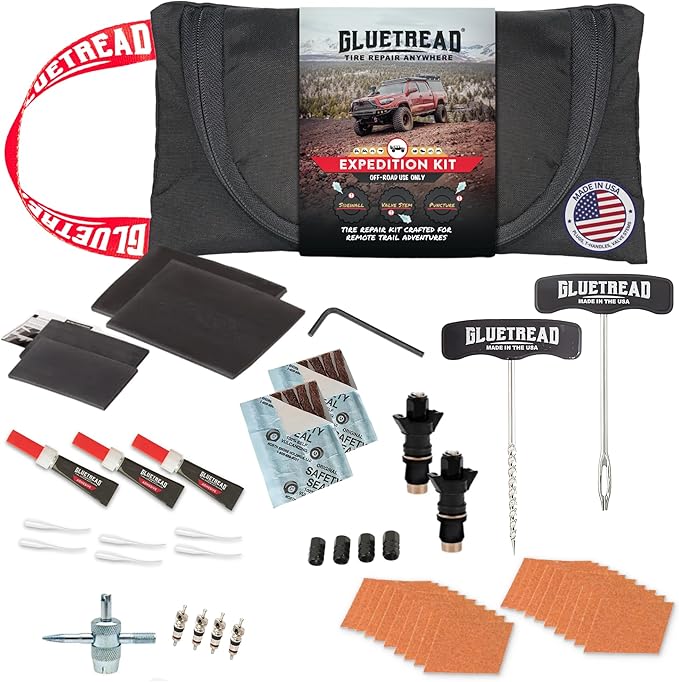 GlueTread Expedition All-Inclusive Off-Road Tire Repair Kit | Repair Any Kind of Tire Damage or Puncture | Includes Sidewall Tire Repair Patches, Plugs, and Colby Emergency Valve Stems