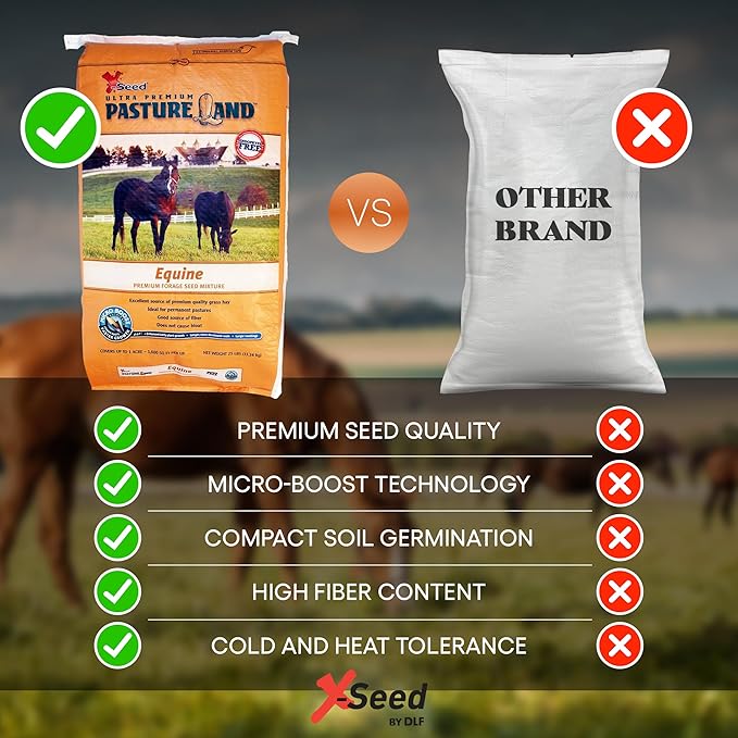 X-Seed Pasture Land Equine Forage Seed Mixture with Micro-Boost – No Mow Pasture Grass with Clover, Ryegrass & Perennial Greens – Recommender for Horses, & Livestock – Premium Blend, 25-Pound