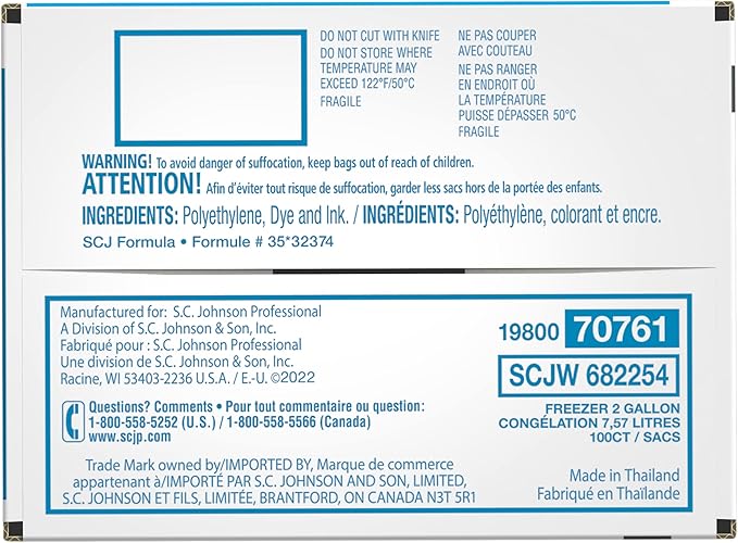 SC Johnson Professional Ziploc Professional Freezer Bags, For Food Organization and Storage, Double Zipper, 2 Gallon, 100 Count