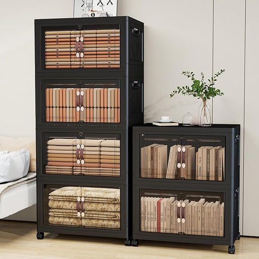 Storage Bins with Lids and Wheels, Collapsible Bathroom Storage Cabinet with Clear Doors, Plastic Stackable Closet Organizers and Storage Containers Black 942 QT