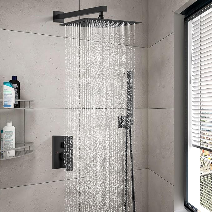 Shower Faucet Set Rainfall Shower System with Square Showerhead and Handle Set Fixture with 2 in 1 Function Handheld Sprayer Wall Mounted Trim Repair Kit Rough-in Valve 16 Inch Matte Black