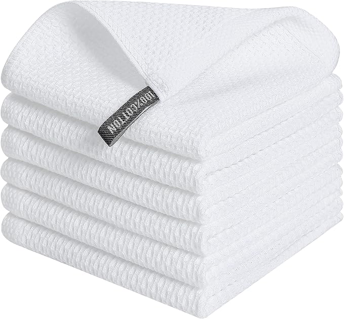 Kitinjoy 100% Cotton Kitchen Dish Cloths, 6 Pack Waffle Weave Dish Towels Ultra Soft Absorbent Quick Drying Dish Rags, 12 X 12 Inches, White