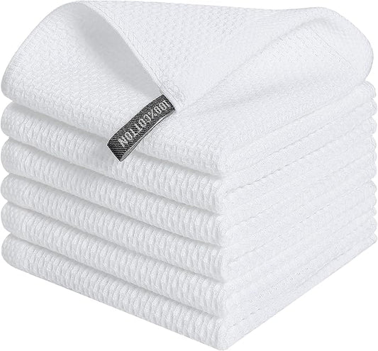 Kitinjoy 100% Cotton Kitchen Dish Cloths, 6 Pack Waffle Weave Dish Towels Ultra Soft Absorbent Quick Drying Dish Rags, 12 X 12 Inches, White