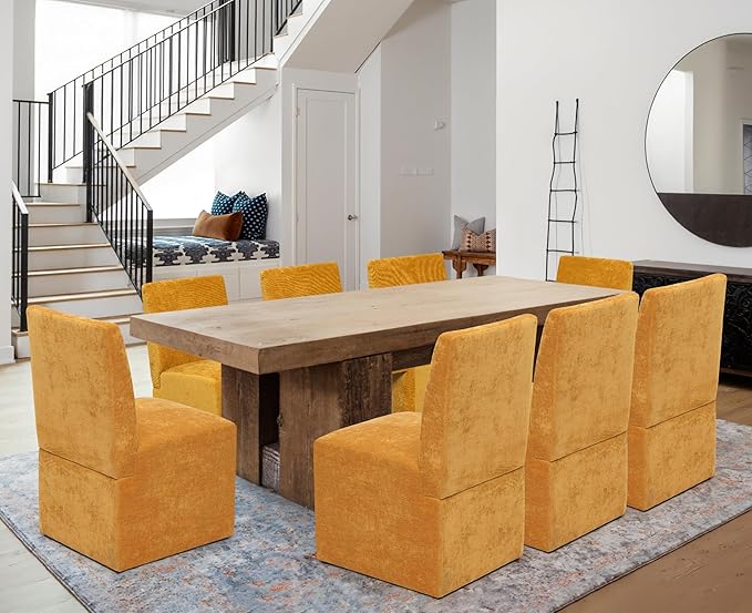 Upholstered Dining Chairs Set of 8 Modern Kitchen & Dining Room Chairs Linen Fabric Dining Chairs with Wooden Frame, Yellow