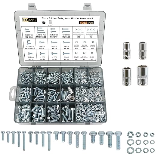 1012Pcs Grade 8.8 Metric Bolts Assortment, Hex Heavy Duty Bolts and Nuts Set, M4 M5 M6 M8 (12mm to 30mm), Comes with 3 Bits（Zinc Plated）