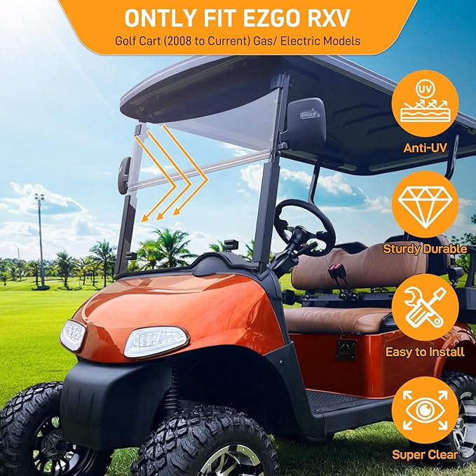 Golf Cart Foldable Windshield Fits 2008-Up EZGO RXV / Freedom RXV Only, 3/16" (5MM) Thicken Fits 1-1/4" Struts, Front Folding Windshield Replacement, Included Hardware