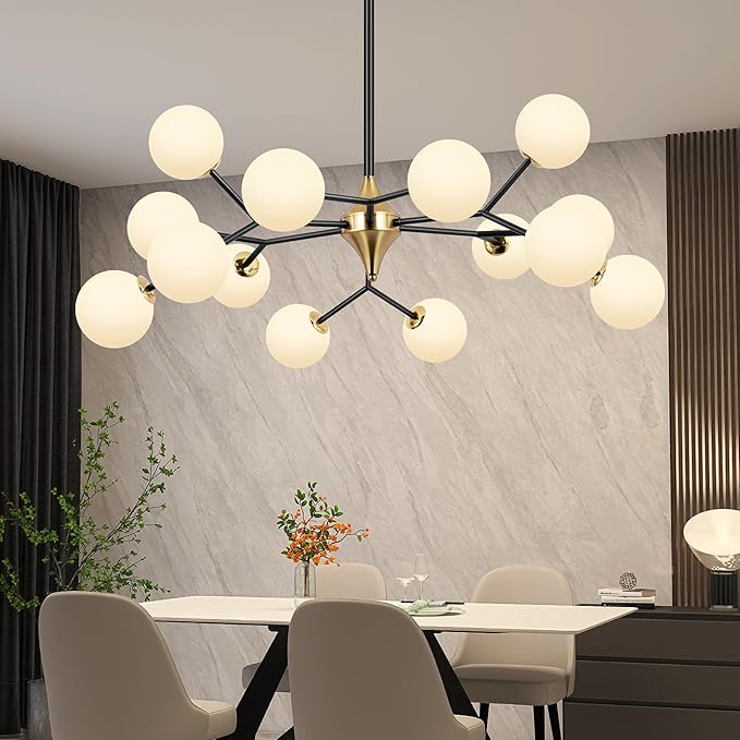 COCOSTAR Black and Gold Dining Room Chandelier, 15 Lights Modern Sputnik Chandelier for Kitchen Island Living Room Bedroom, Ceiling Light Fixture Over Table, G9 Base