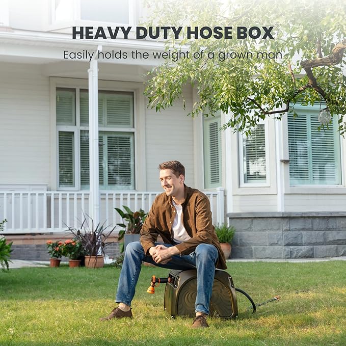 Giraffe Tools SW5-100ft Metal Hose Reel Box, 100 ft Rubber Hose Garden Hose Storage Heavy Duty Reel Hideaway, Crank Handle, 100ft 5/8" Hose, Green