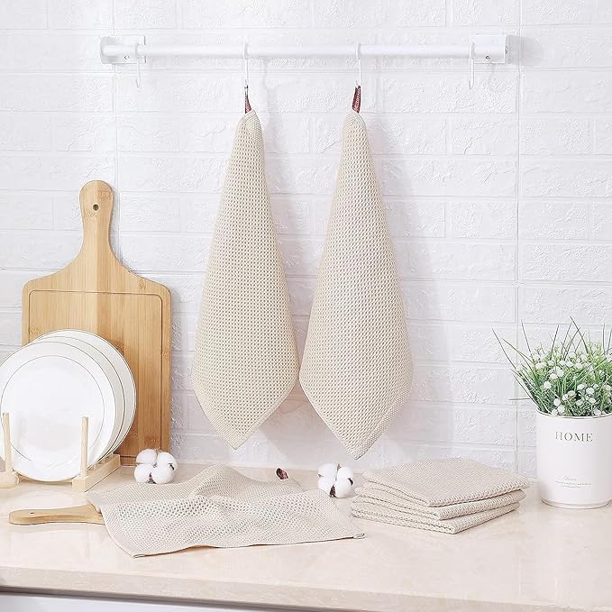 Kitinjoy 100% Cotton Kitchen Dish Cloths, 8 Pack Waffle Weave Ultra Soft Absorbent Dish Towels for Drying Dishes Quick Drying Kitchen Towels Dish Rags, 12 X 12Inch, Beige
