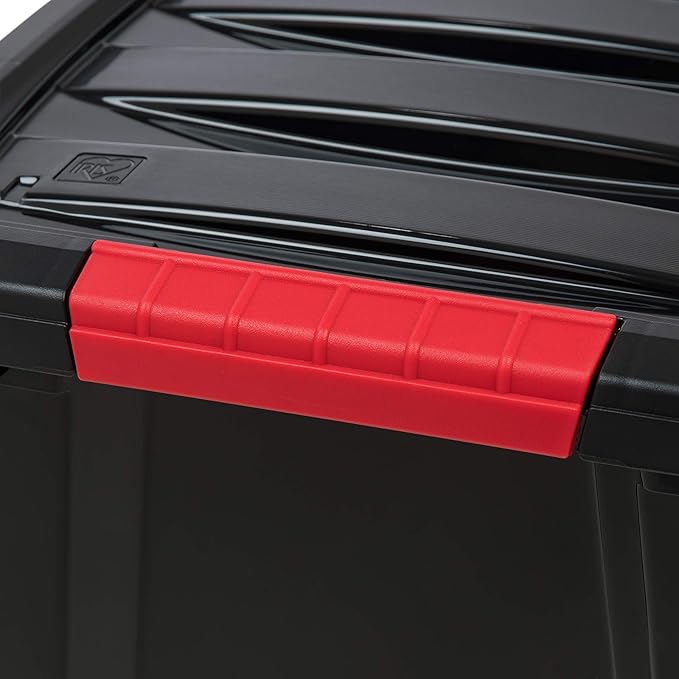 IRIS USA Stack and Pull 19 Quart Black Plastic Storage Tote Container Box Bin with Red Handles for Indoor/Outdoor Home, Garage, or Closet (6 Pack)