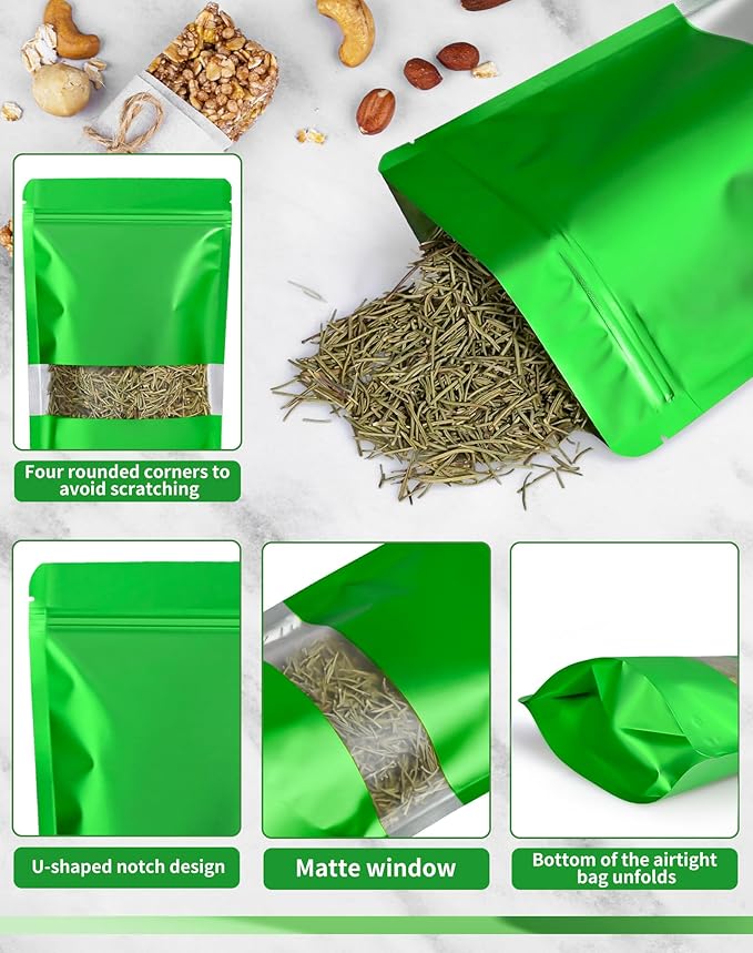 FireKylin 100 Pack Smell Proof Bags 4.7" x 7.9", Resealable Bags with Matte Window, Foil Pouch Stand Up Sealable Bags for Packaging（Green）