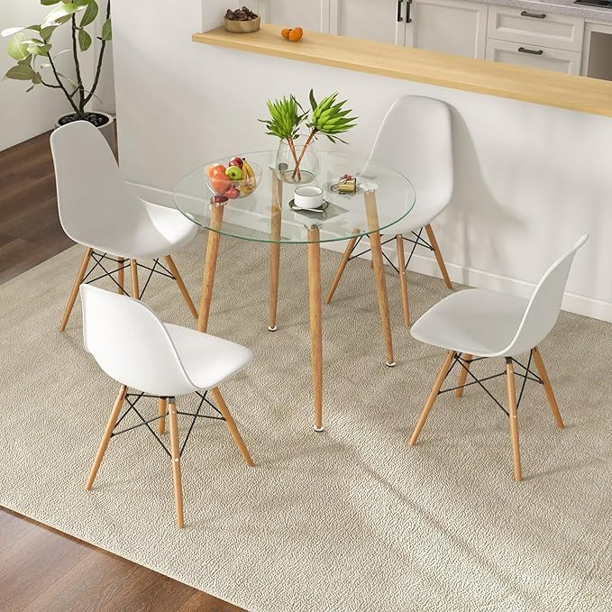Tangkula 5-Piece Dining Table Set for 4, Kitchen Table Set with Seat, Solid Wood Legs, Metal Frames & Tempered Glass Tabletop, Round Dinner Table & 4 Chairs for Home, Natural