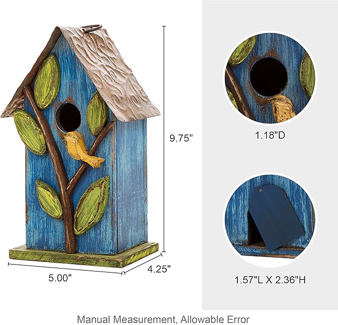 Glitzhome 9.7" H Hanging Bird House for Outdoor Patio Garden Decorative Pet Cottage Distressed Wooden Birdhouse, Blue Leaves