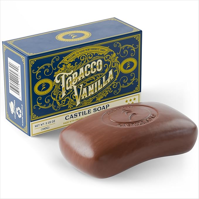 Body Wash Castile Soap Bar for Sensitive Skin – Long Lasting Natural Bar Soap for Men w/Olive Oil and Cocoa Butter - Vegan Tobacco Vanilla Scented by Carolina Castile, 5 oz Each