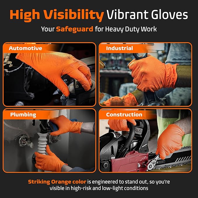 Orange Heavy Duty Nitrile Gloves - 8 Mil Textured Nitrile Gloves Disposable Latex Free