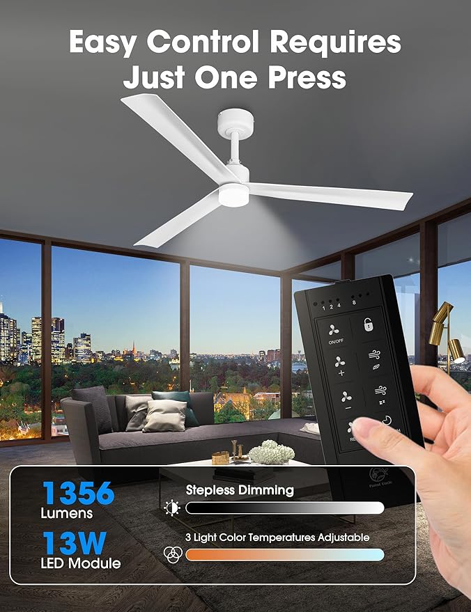 Parrot Uncle Ceiling Fans with Lights and Remote, 50 Inch White Ceiling Fan for Bedroom, Indoor Outdoor Ceiling Fans for Patios Living Room, Reversible DC Motor, 6 Speeds, Timer, Dimmable LED, ETL