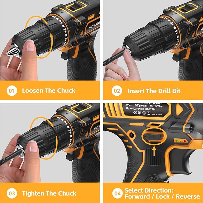 Cordless Drill Set 12V Power Drill with Battery and Charger, 2-Speed Electric Drill with 3/8" Keyless Chuck