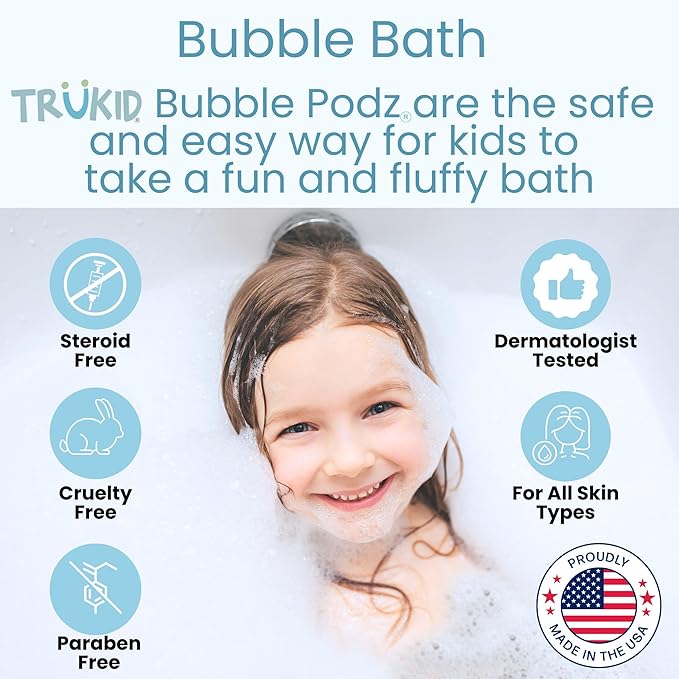 TruKid Bubble Podz Bubble Bath for Kids, Toddlers, & Babies, Tear Free Gentle & Refreshing Bath Bomb for Sensitive Skin with Natural Moisturizers, Non-Toxic, pH Balanced, Bubble Gum Scent (24 Podz)