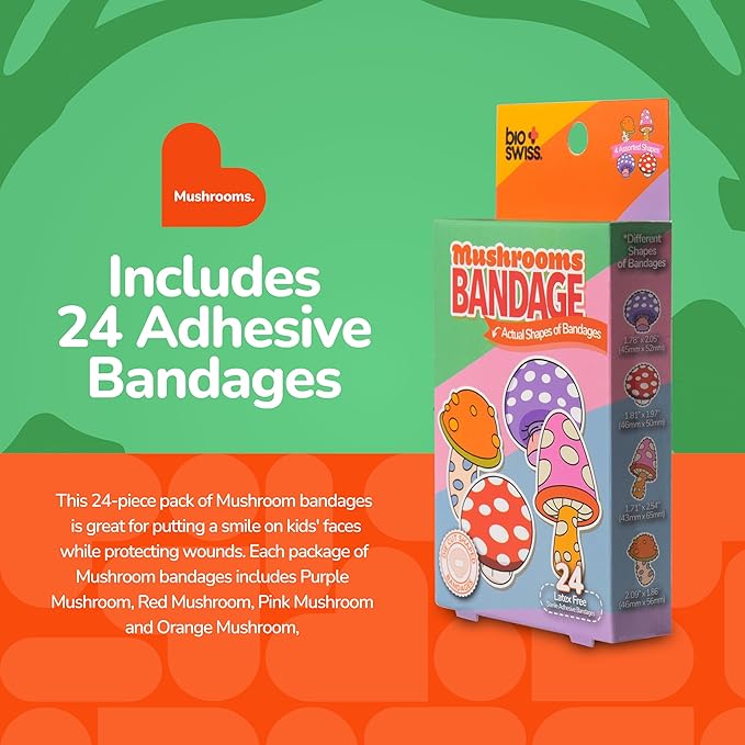 BioSwiss Kids Bandages, Mushroom Shaped Self Adhesive Bandage Set, Latex Free, Sterile Wound Care, 24 Count