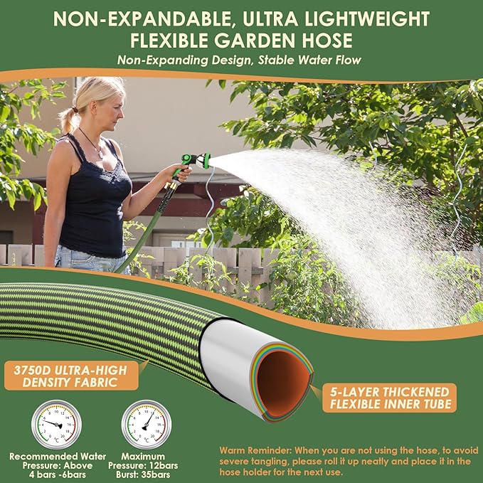 Non-Expandable Garden Hose 50 ft, Ultra Lightweight Flexible Water Hose with 10-Pattern Nozzle, Leak-Proof, High-Density Fabric, Thickened Connector, Shut-Off Valve for Yard, Lawn, Outdoor