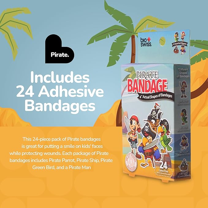 BioSwiss Kids Bandages, Pirate Shaped Self Adhesive Bandage Set, Latex Free, Sterile Wound Care, 24 Count